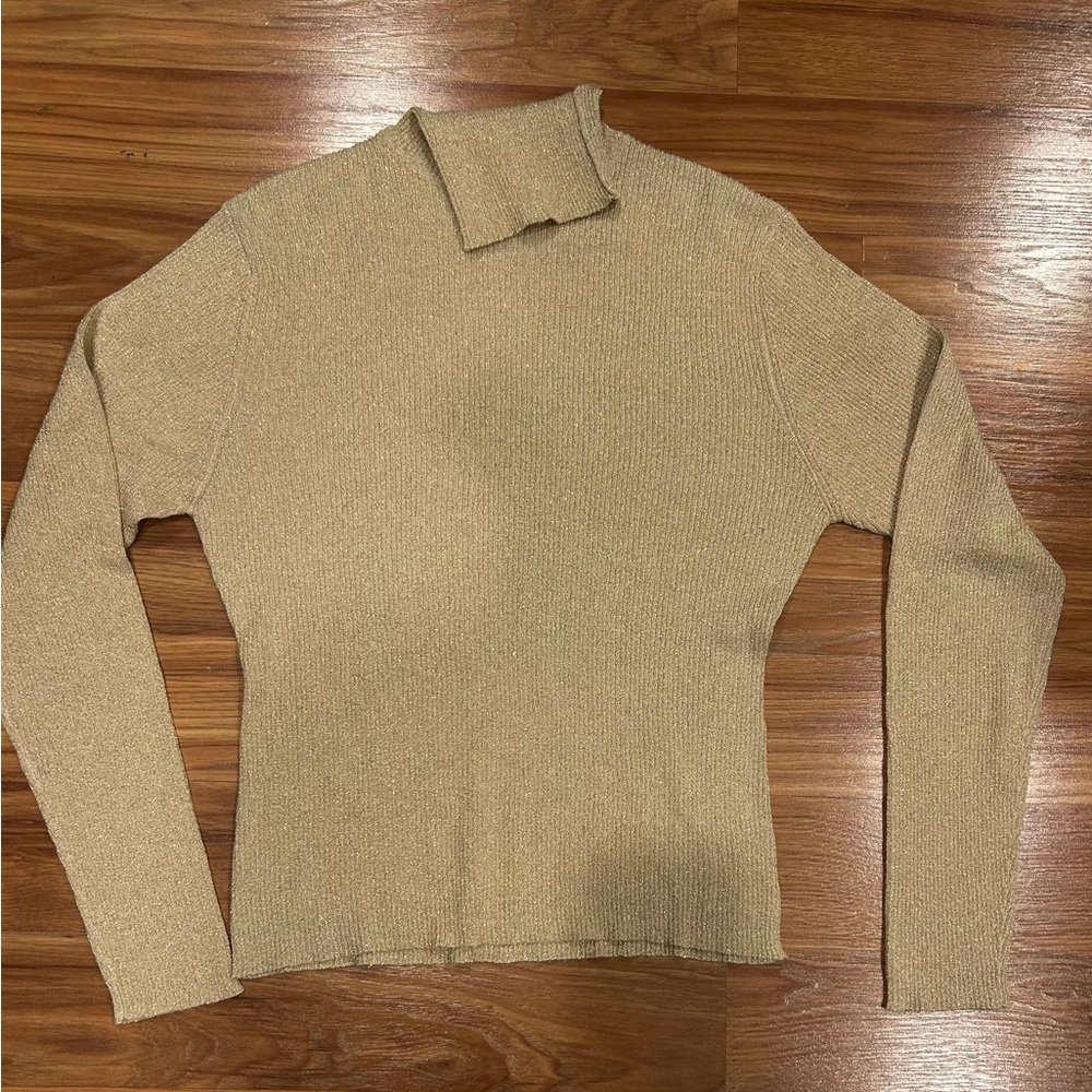 XXist Gold Silk Metallic Long Sleeve Ribbed Turtleneck Women’s Size Medium